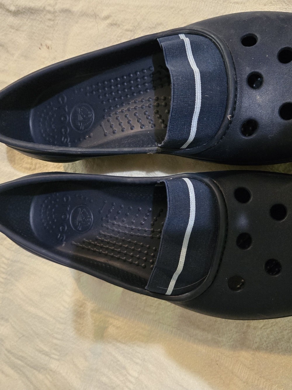 CROCS Navy Slip-On Loafers with White Stripe